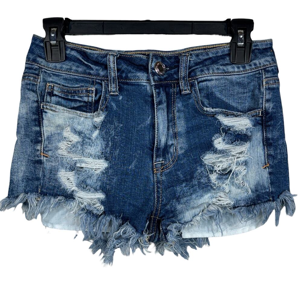 American Eagle SZ 2 Hi-Rise Shortie Jean Shorts Distressed Frayed Hems Zip-Fly